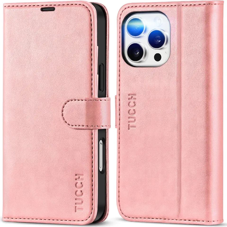 TUCCH Case Wallet for iPhone 16 Pro Max, RFID Blocking Folio, Rose Gold