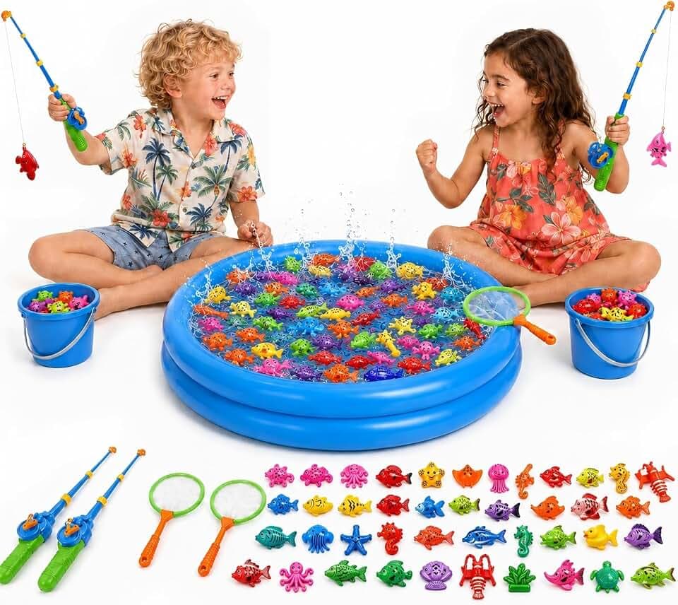 XXL Angelspiel Set mit Planschbecken Wasserspielzeug Kinder Outdoor & Poolspielzeug für Ihre 2 Kinder ab 3 Jahren -Strandspielzeug, Gartenspielzeug Badespielzeug Sandspielzeug inkl. 2 Angeln, 2 Eimer