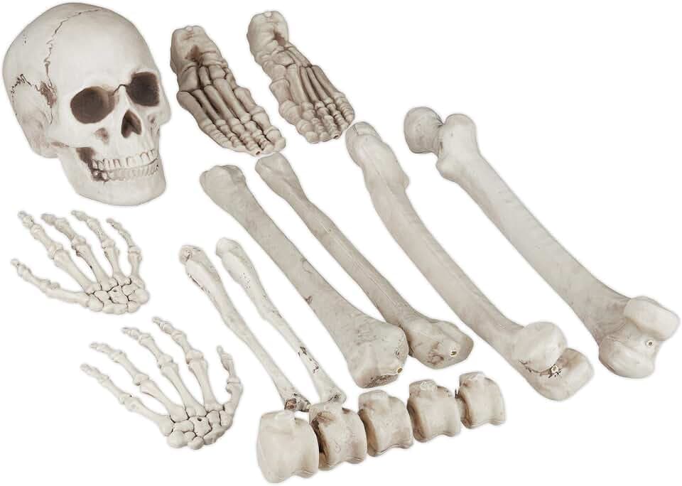 Relaxdays Dekoknochen, 12 TLG Set, Halloween Deko, Außen & Innen, XXL | Knochen, Totenschädel & Skeletthände, Horror Deko