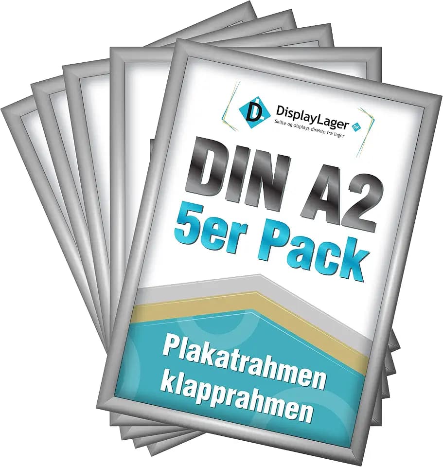 DisplayLager, Dänische Qualität - 5'er Sparpack Silber DIN A2 Klapprahmen mit 25mm Aluminium Profil, Entspiegelter Schutzscheibe, Befestigungsmaterial