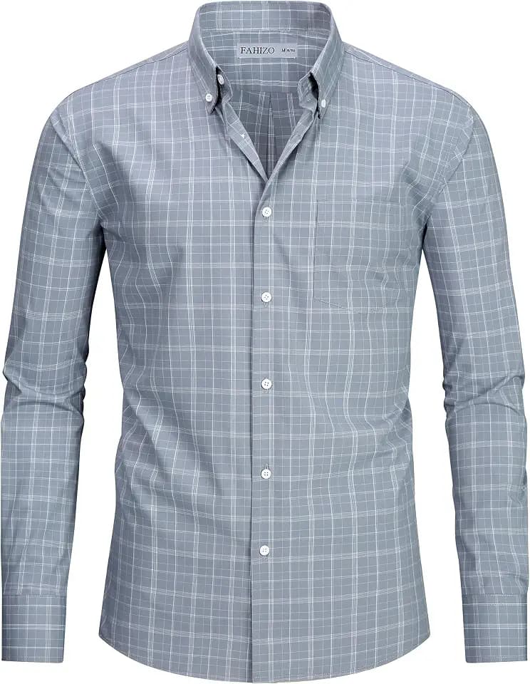 FAHIZO Men's Plaid Dress Shirt Long Sleeve Button Down Casual Business Shirt Wrinkle Free Regular Fit Cotton Blend