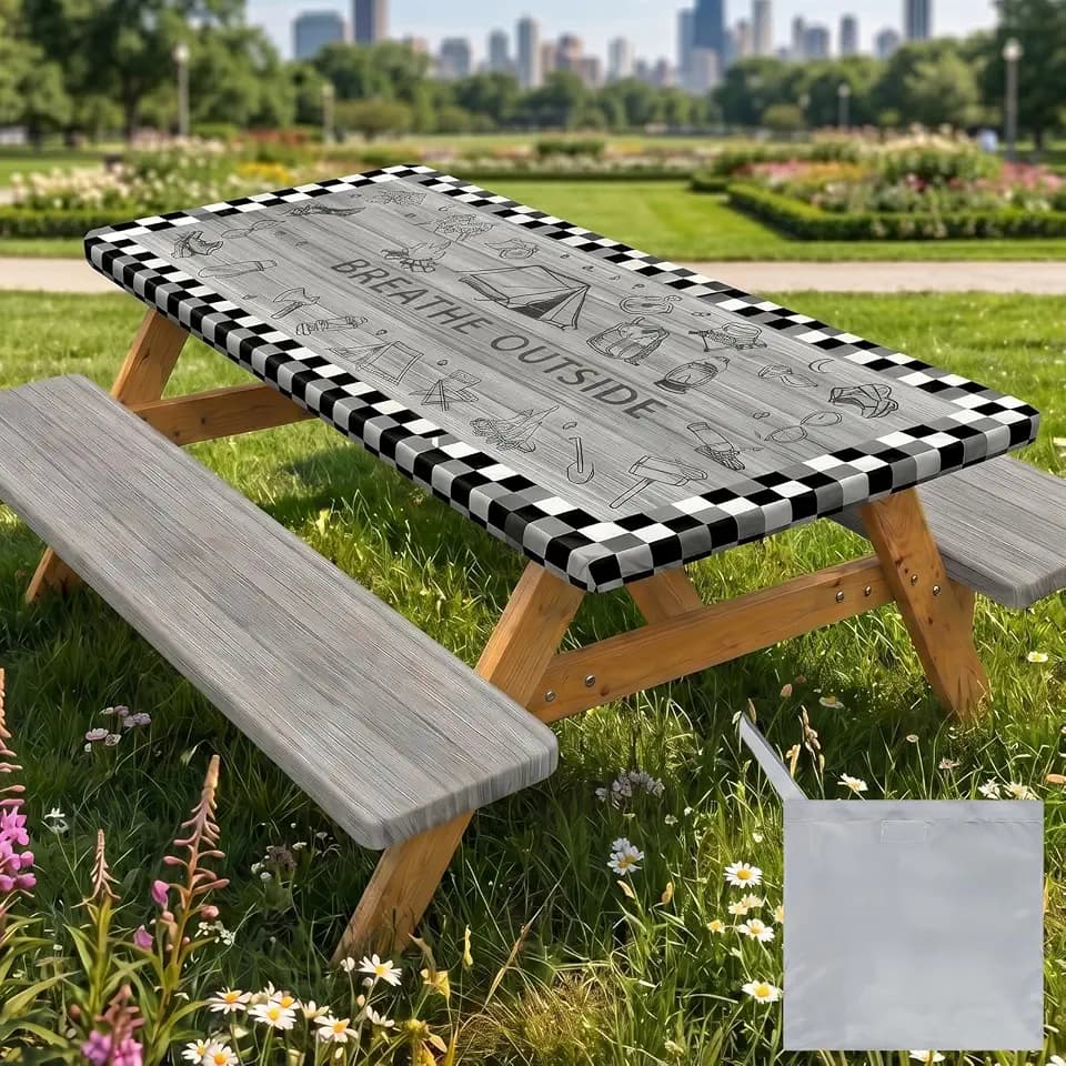 Picnic Table Cover with Bench Covers Camping Tablecloth Set with Pocket