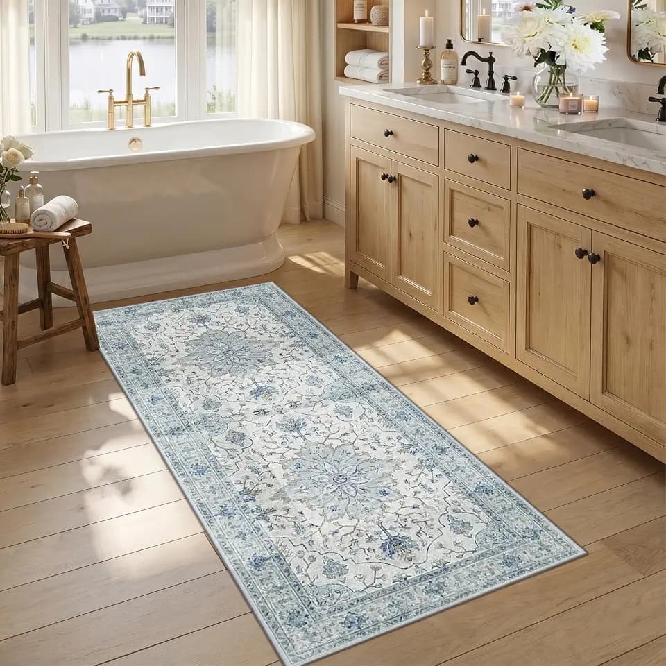 RELEANY Washable Area Rug, Runner 2'6"x5', Blue/White/Gray