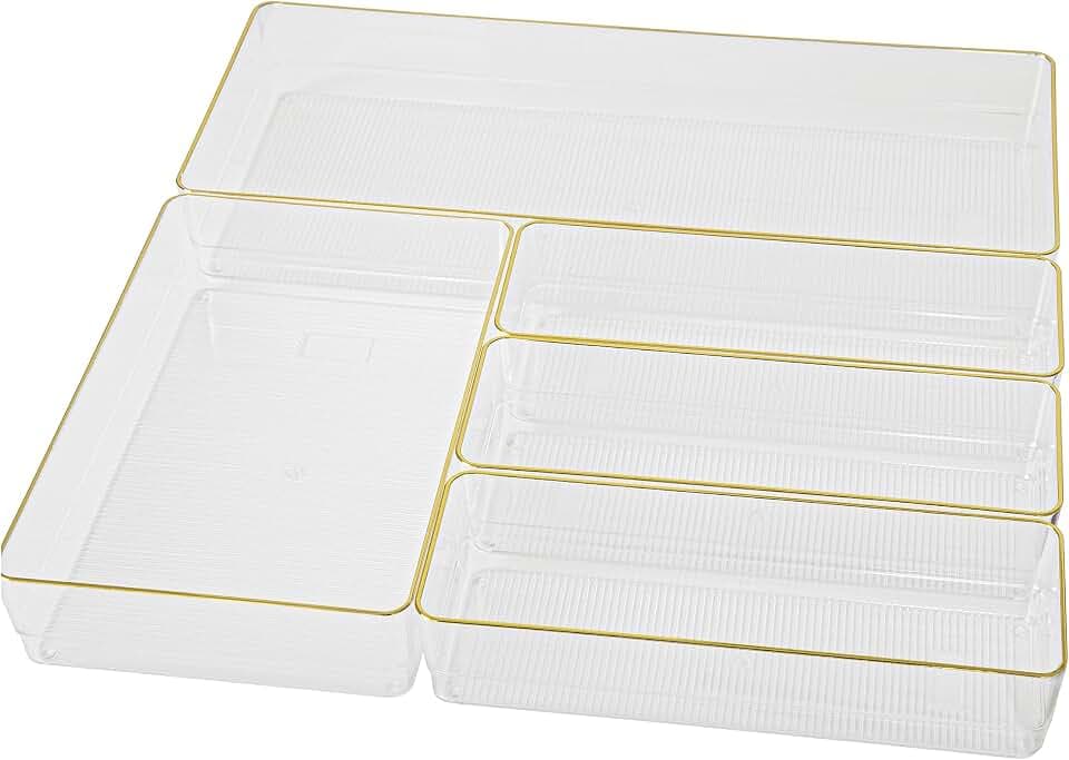 Martha Stewart Kerry Stackable Desk Drawer Organizers, Clear/Gold, 5-Pack