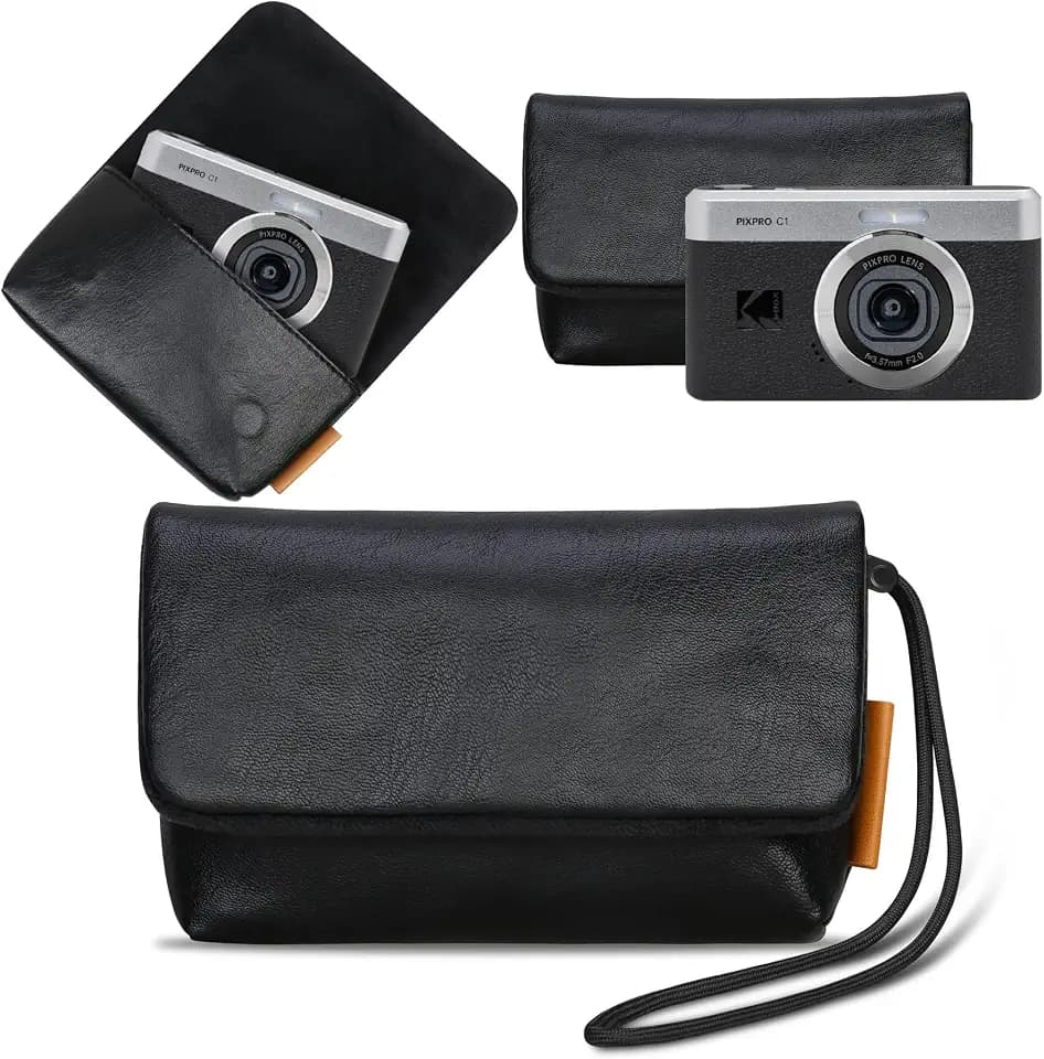 Lacdo Camera Case Bag for KODAK PIXPRO C1 Friendly Zoom Digital Camera, Soft Leather Protective Camera Travel Pouch Sleeve, Compact KODAK PIXPRO C1 Camera Bag with Wrist Strap, Black