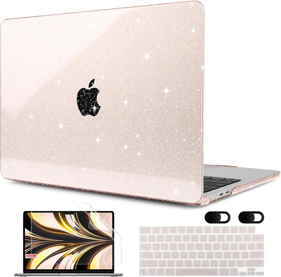 MEEgoodo Glitter Case for MacBook Air 13 inch 2026 2025 2024 2022, Fit Model A3449(M5)/A3240(M4)/A3113 (M3)/A2681(M2), Laptop Shell for MacBook Air 13.6 with Keyboard & Camera Cover, Glitter Pink