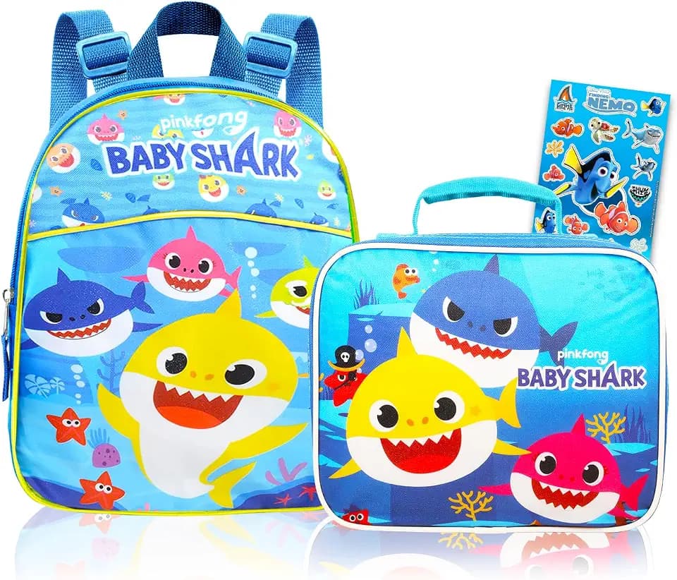 Pinkfong Baby Shark Baby Shark Mini Backpack and Lunch Bag Set 3 Pc School Supplies Bundle with 11" Baby Shark Mini School Bag, Lunch Bag and Finding Dory Stickers