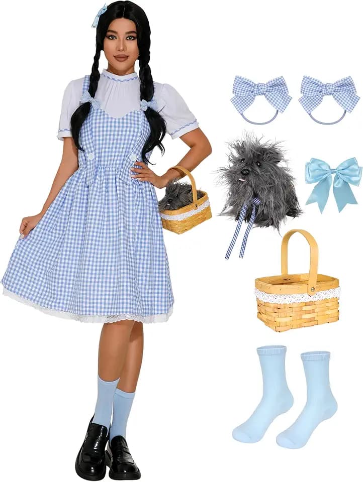 GERVAISE Womens Blue Plaid Dress Halloween Costume Outfit 8pcs Accessories Full Set