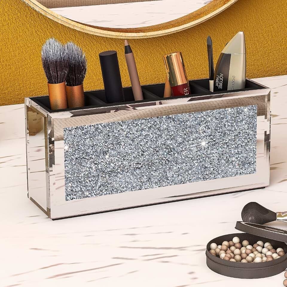 SHYFOY Mirrored Makeup Brush Holder Organizer, 4-Compartment