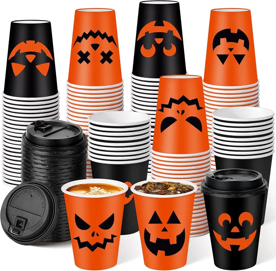 100 Set Halloween Disposable Coffee Cups with Lids 12oz, Bulk Black Orange Pumpkin Disposable Party Paper Cups for Hot Chocolate Cold Drinks Halloween Birthday Party Supplies Decorations
