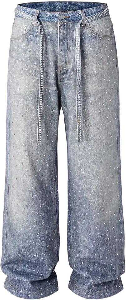 Mens Rhinestone Jeans Vintage Baggy Sparkly Pearl Bling Jeans Chic Wide Leg Denim Pants Womens Y2K Grunge Clothes