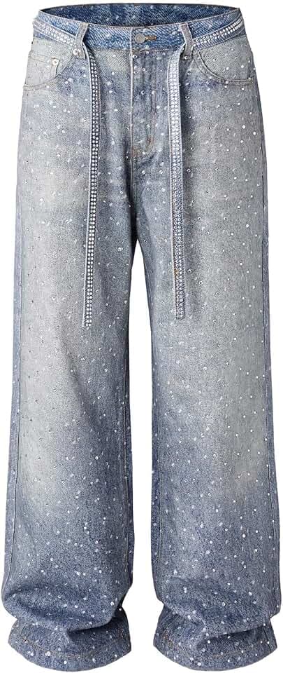 Mens Rhinestone Jeans Vintage Baggy Sparkly Pearl Bling Jeans Chic Wide Leg Denim Pants Womens Y2K Grunge Clothes