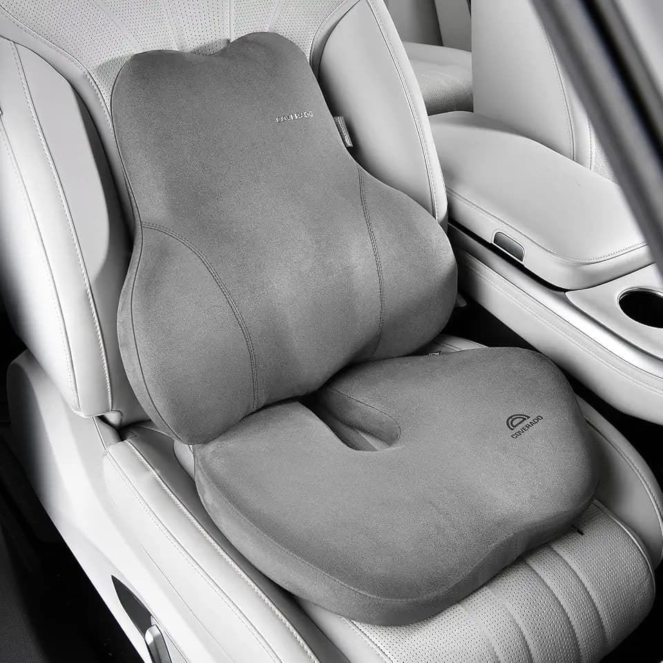 Coverado Memory Foam Car Seat Cushion and Lumbar Support Pillow for Car, Ergonomic Office Chair Cushion for Lower Back Pain Relief, Breathable & Non-Slip for Car, Home, and Office Use, Gray