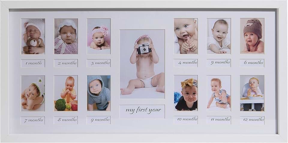 BD ART 23 x 50 cm Baby Bilderrahmen Mein erstes Jahr, Bildergalerie, Fotogalerie mit Passepartout und 12 Foto-Ausschnitten für Fotos 5 x 7 cm und 1 Foto 9 x 13 cm, Weiß