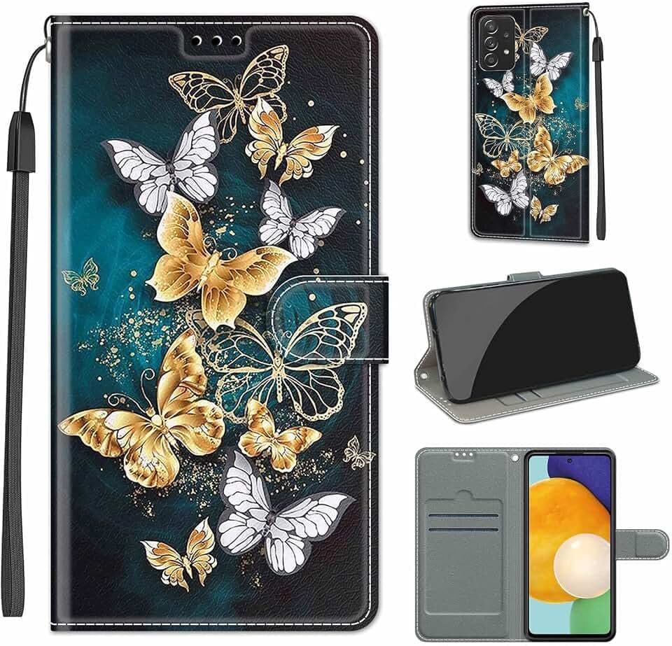 LeviDo Schutzhülle für Samsung Galaxy A53 5G Schutzhülle Silikon PU Leder Magnetisch Klappdeckel Standfunktion Lustiges Motiv mit Kordel Brieftasche Kickstand Bumper Schutzhülle Schmetterling 2