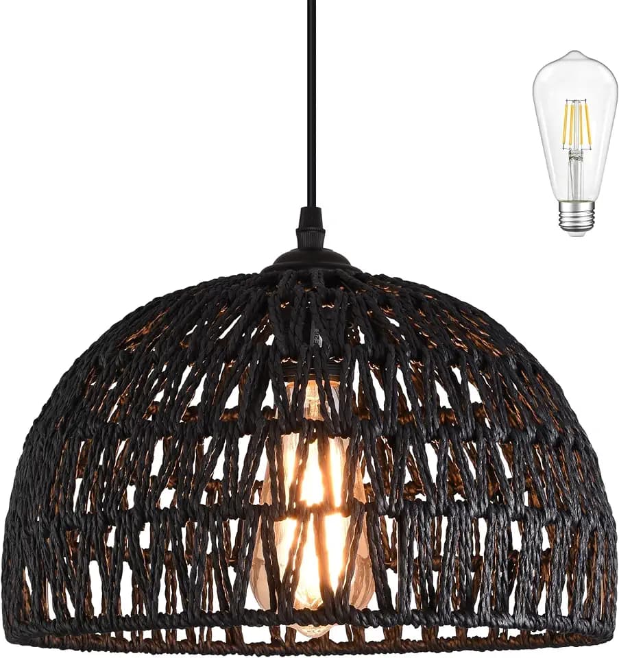 Black Woven Pendant Light Boho Chandelier Light Fixture Wicker Pendant Light Rattan Light Pendant Woven Light Fixture Dome Pendant Light for Dining Room Bedroom Kitchen Island (Bulb Incl)