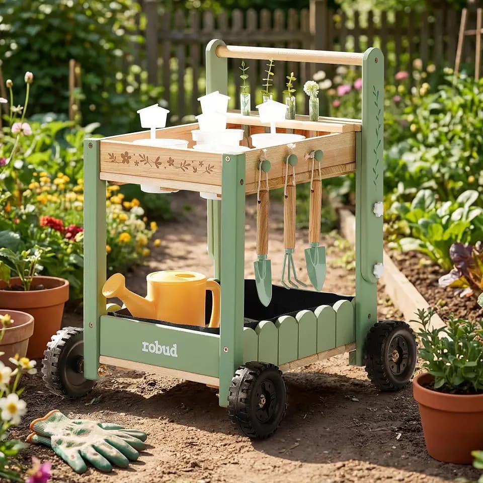 ROBUD Kids Gardening Tools Set with 2-Tier Wooden Cart Wheelbarrow, Toddler Gardening Set with Watering Can, Shovel, Rake & Plant Labels, Outdoor Backyard Garden Toys for Boys, (Green)