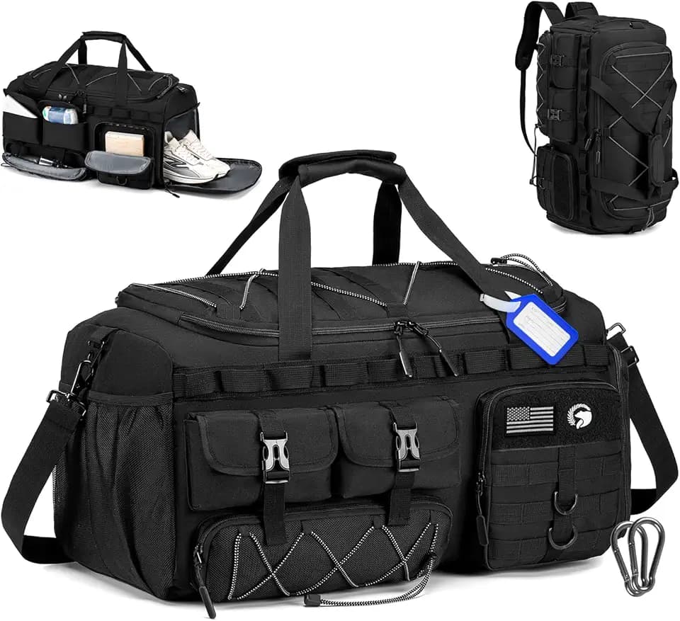 Tactical Gym Bags for Men, Carry On Luggage 22x14x9 Airline Approved, 3 in 1 Duffle Bag with Shoe Compartment,Travel Backpack Weekender Overnight Range Bag for Workout Football, Black