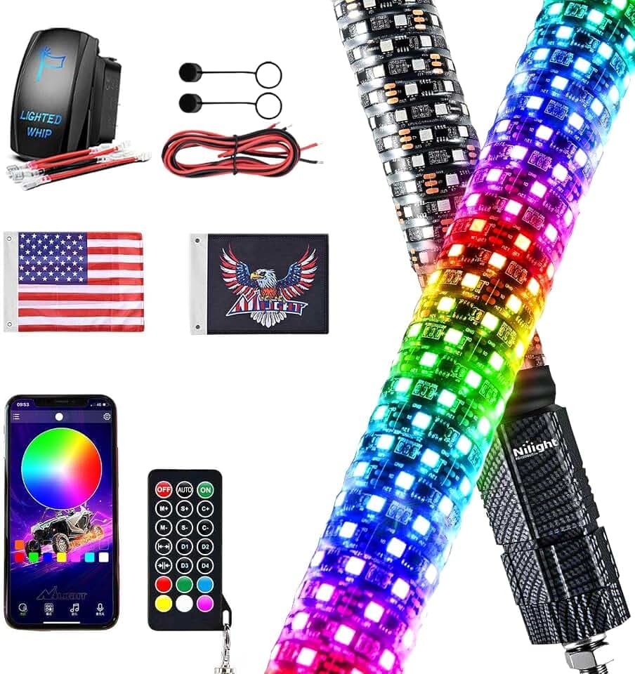 Nilight RGB LED Fat Whip Light 1PC 2FT Lighted Antenna Whips
