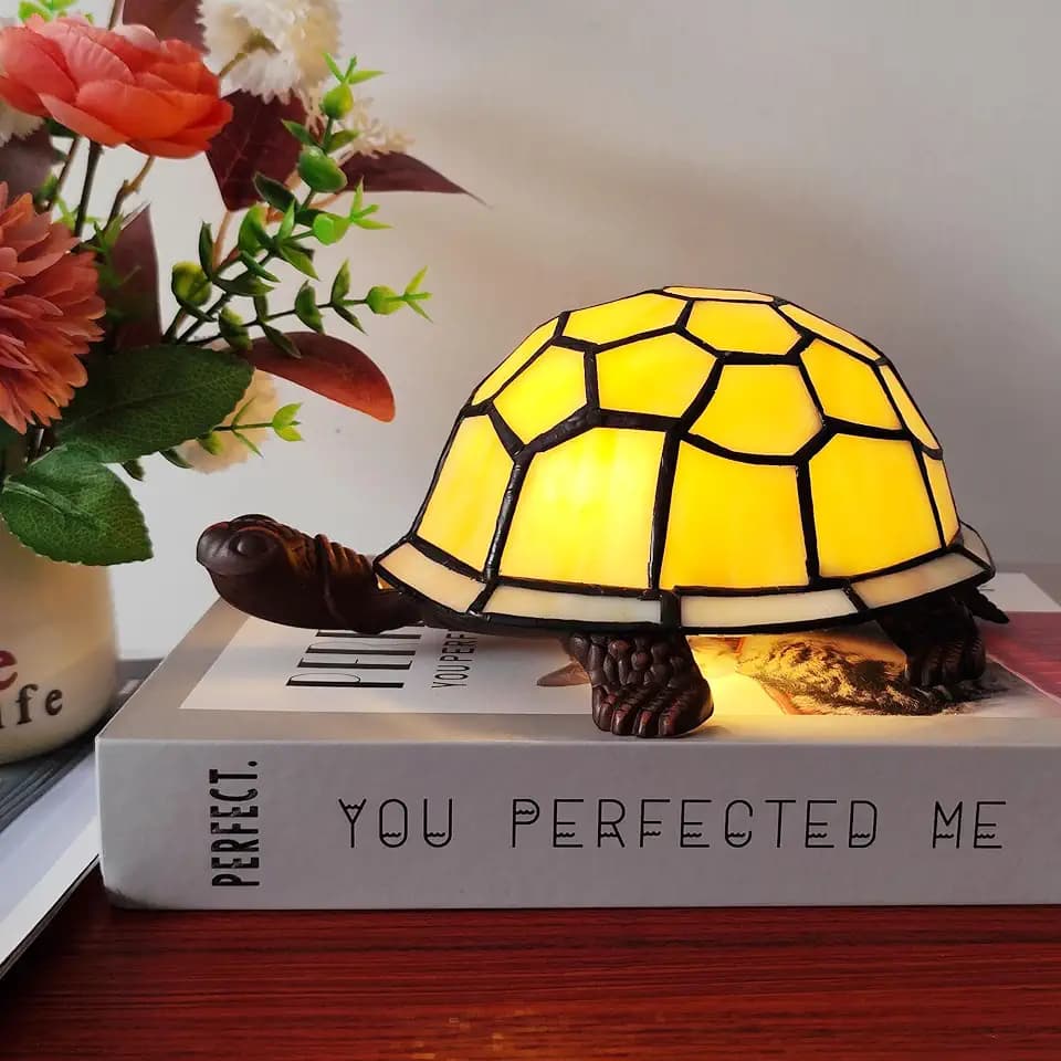 Cute Tortoise Lamp Cream Yellow Turtle Stained Glass Table Lamp Small Night Light Handmade Home Decoration Accent Gifts Light for Children Teenagers