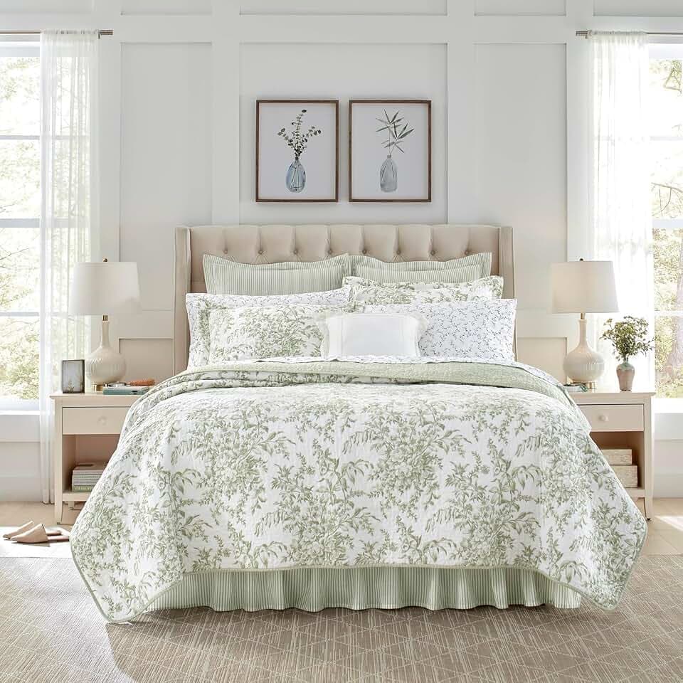 Laura Ashley Bettwäsche-Set für Doppelbett, wendbare Baumwoll-Bettwäsche mit passendem Kissenbezug, leichte Heimdekoration für alle Jahreszeiten (Bedford Green/Off-White, Twin)