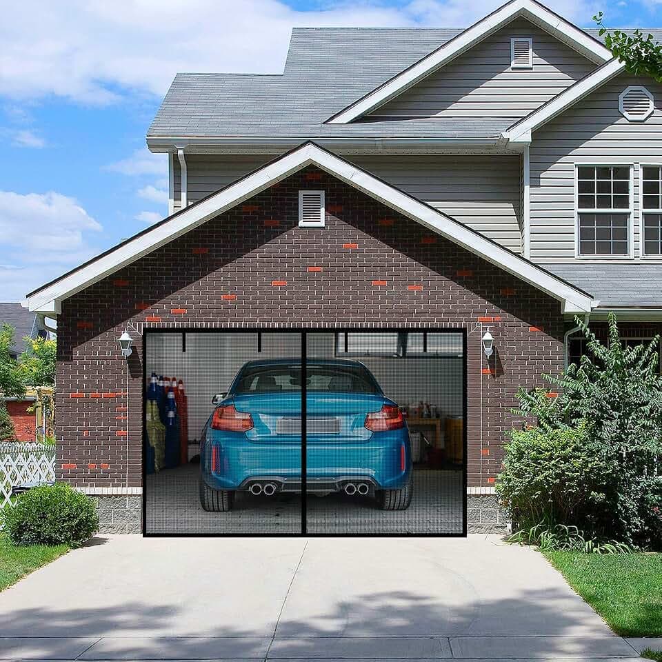 Magnetic Garage Door Screen with 4 Strapping Tapes for 1 Car Garage 8x7ft, Reinforced Fiberglass Mesh Door Screen with Closure Weighted Bottom, Durable Magnetic Screen Door Curtain Cover Kit
