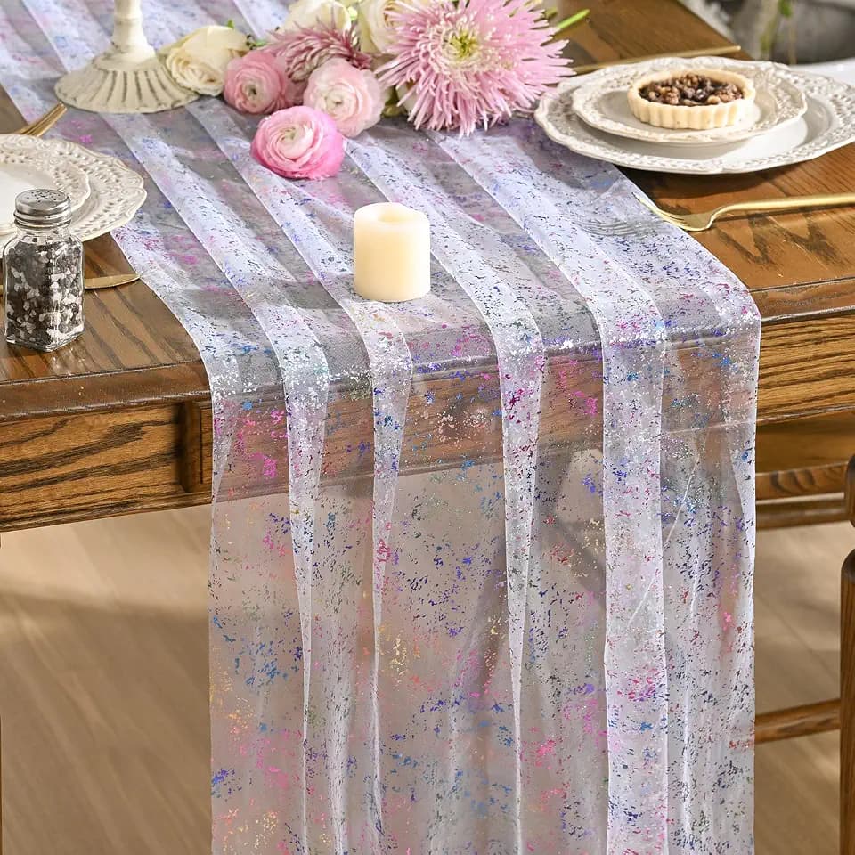 Artoid Mode 3PCS Colorful Gold Gauze Table Runner 120 Inch 10FT, Glitter Metallic Foil Sheer Dining Wedding Anniversary Holiday Birthday Table Decor for Home Party