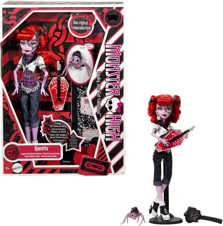 Monster High Gruselige Reproduktion der ursprünglichen Puppe, reproduzierte Operetta-Sammelfigur mit Puppenständer, Tagebuch und Haustier-Spinne Memphis Weberknecht, HYV90