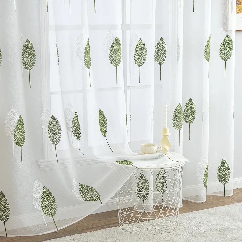MIULEE Gardinen mit Grün und Weiss Blätter Muster 2er Set 140x245cm