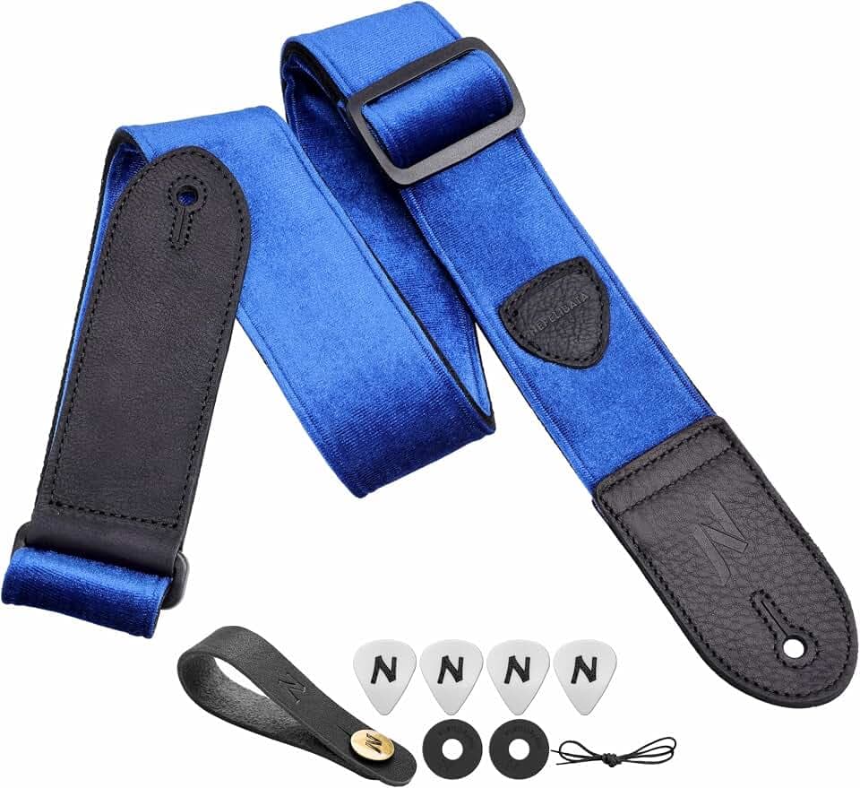 Nefelibata Guitar Strap,Double Full-Grain Leather Ends,Vintage Velvet Strap/FREE BONUS-4 Picks+Strap Locks+Strap Button,Gift For Bass,Electric&Acoustic Guitars(Vintage Sky Blue)
