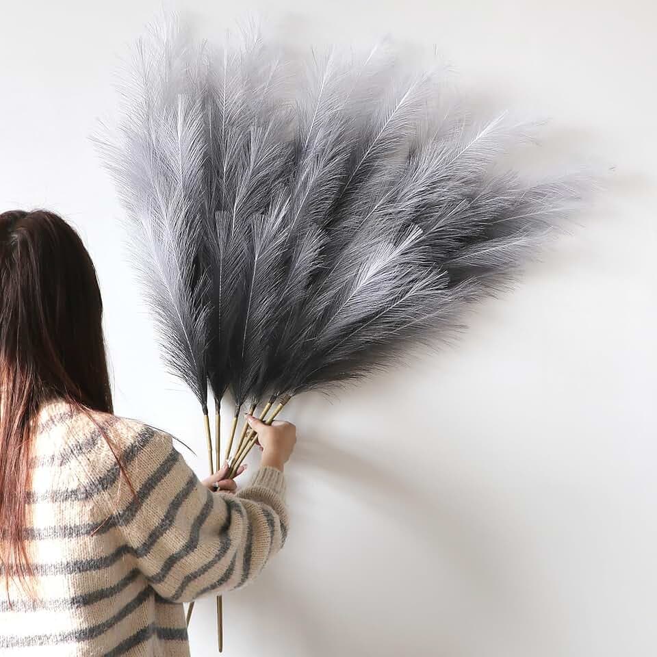 YiYa Pampasgras Kunstblumen Deko 6 Stück 113CM Groß Künstliches Trockenblumen Strauß für Büro Dekor Wohnzimmer Hochzeit Schlafzimmer (Farbverlauf Grau)