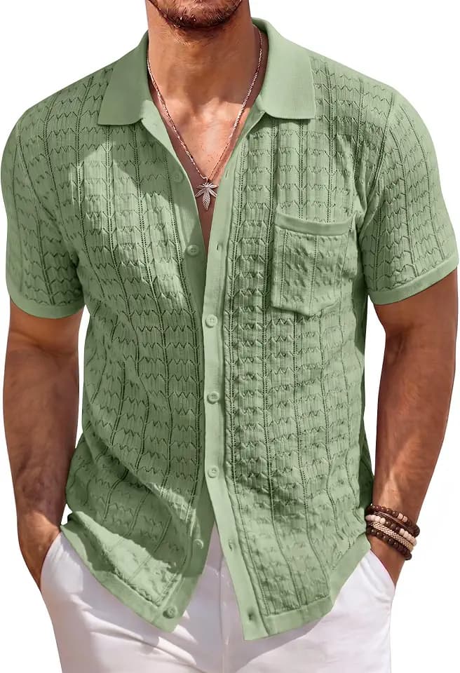 COOFANDY Men's Knit Button Down Shirt Short Sleeve Vintage Polo Shirts Summer Casual Beach Tops