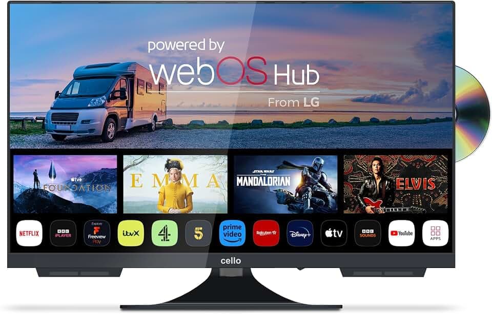 Cello C2224WSF 12V 22 Zoll-Smart-Fernseher ohne Rahmen mit integriertem DVD-Player, ultraschnellem WebOS, Pitch Perfect-Lautsprechern, Bluetooth Kleiner Fernseher für Wohnmobile