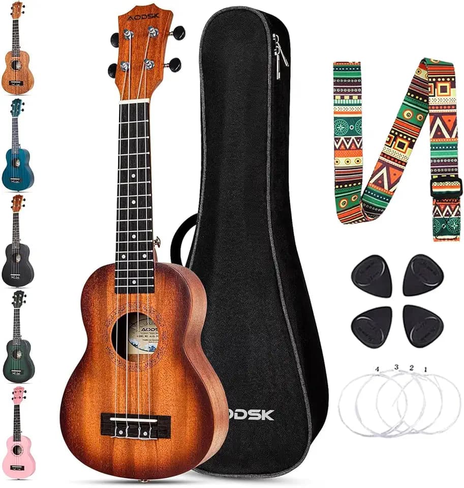 AODSK Soprano Ukulele 21"Sunburst Beginner Kit-Bag,Strap,Picks