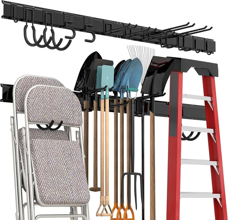 Sttoraboks Werkzeug-Wandregal, verstellbar Wandhalterungen für Garage und Garten mit 12 Haken & 4 Schienen, Hochbelastbares Werkzeugregal bis 272kg, für Garage, Garten, Ski, Besen, Rechen