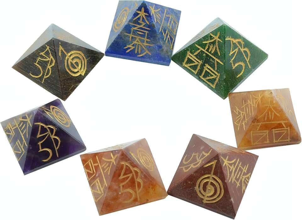 Stone Pyramid Natural Gemstone Reiki Symbol Engraved Chakra Crystals Healing - Set of 7 Piece