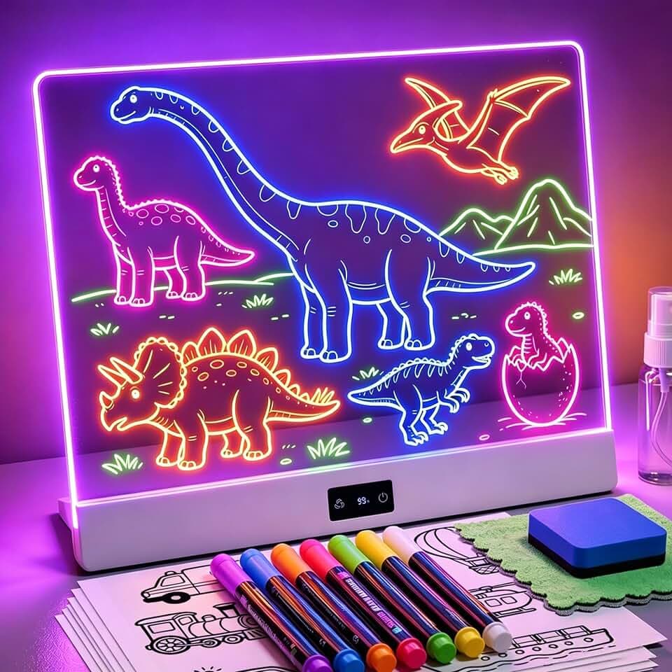 KOKODI LED Zeichenbrett für Kinder: Kreative, wiederaufladbare Neonlicht Maltafel 30x26cm Acryl Notiztafel mit 8+3 Lichtmodi & 10h Akku – Große Geschenkwahl zum Malen und Feiertagsdekoration