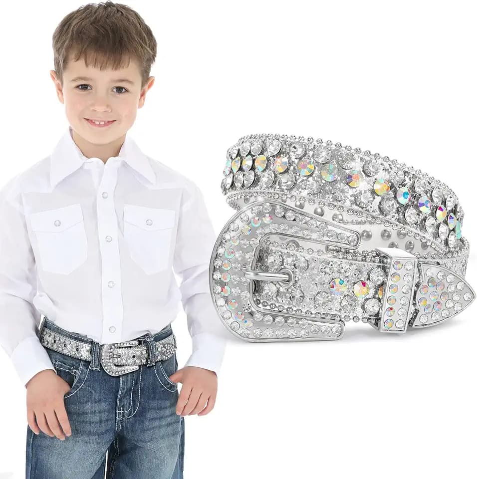 XZQTIVE Gürtel Kinder Glitzer Gürtel für Jungen Mädchen Kinder Strass Gürtel Western Cowboy Cowgirl Kindergürtel mit Diamant Kristall Taille Gürtel Bling Gürtel (Silber,75cm)