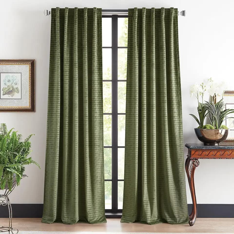 Martha Stewart Velvet Curtains Room Darkening Wave Embossed Rod Pocket/Back Tab Window Curtain Panel Pair, 84", Olive Green