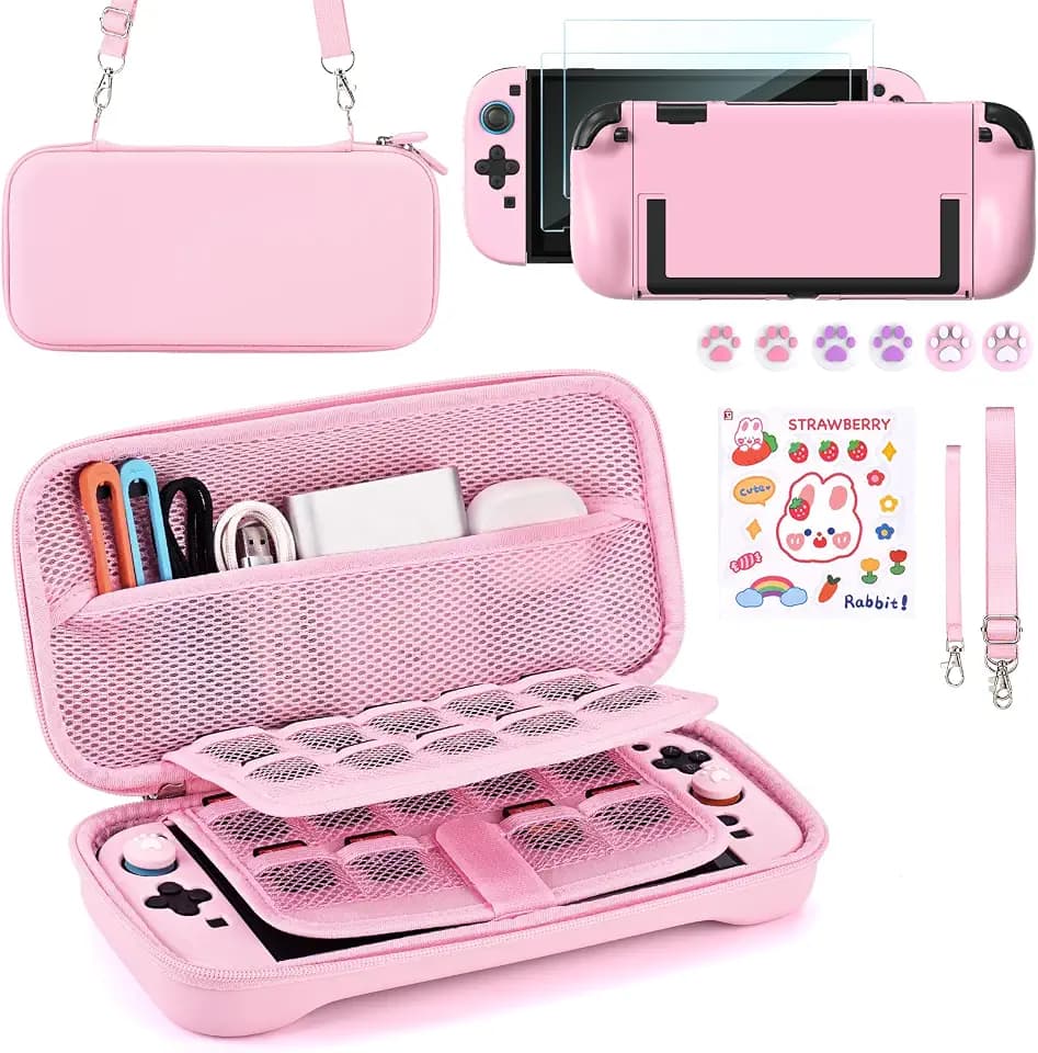 Younik Switch 2 Accessories Bundle, 15 in 1 Pink Switch 2 Accessories Kit for Girls Include Carrying Case, Shoulder Strap, Wrist Strap & Stickers, Protective Case for Switch Console & J-Con