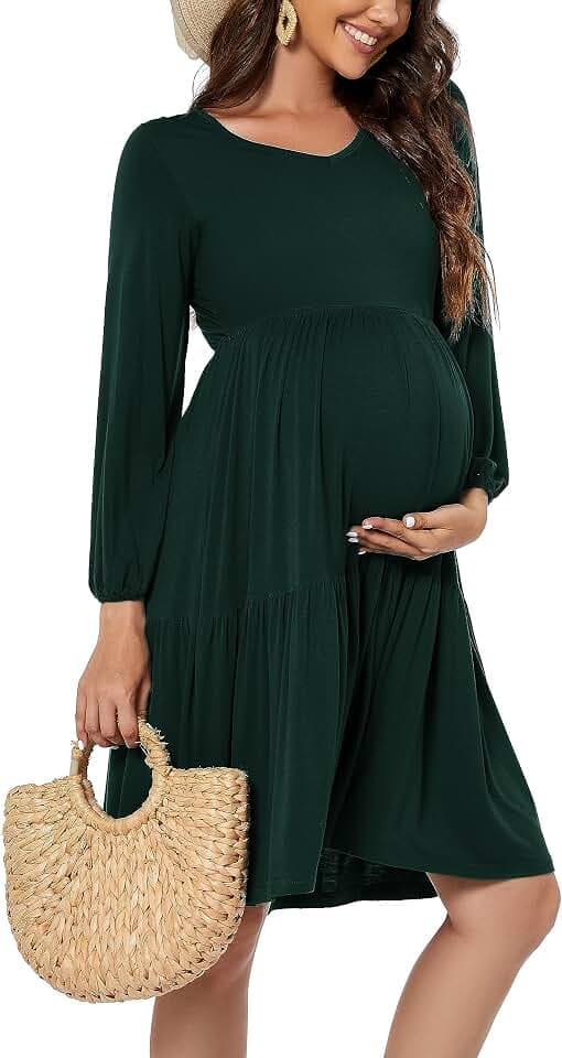 Smallshow Damen Umstandskleid Langarm Schwangerschafts Umstandsmode Kleid Deep Green S