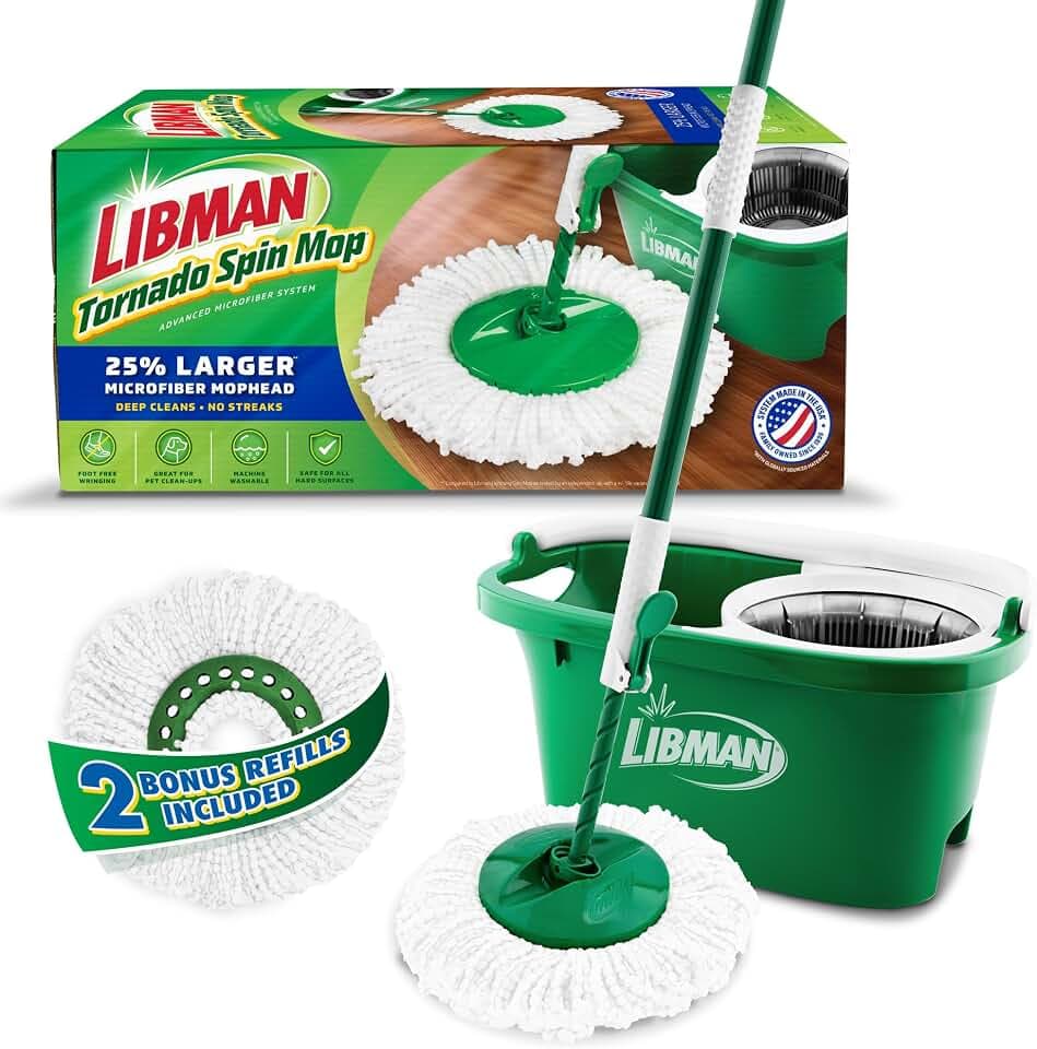 Libman Tornado Schleudermopp-System Plus 2 Nachfüllköpfe | Wischmopp und Eimer mit Auswringer-Set | Bodenwischer | Schleudermopp | Libman Mop | Mops für Bodenreinigung | Hartholzbodenwischer | 3