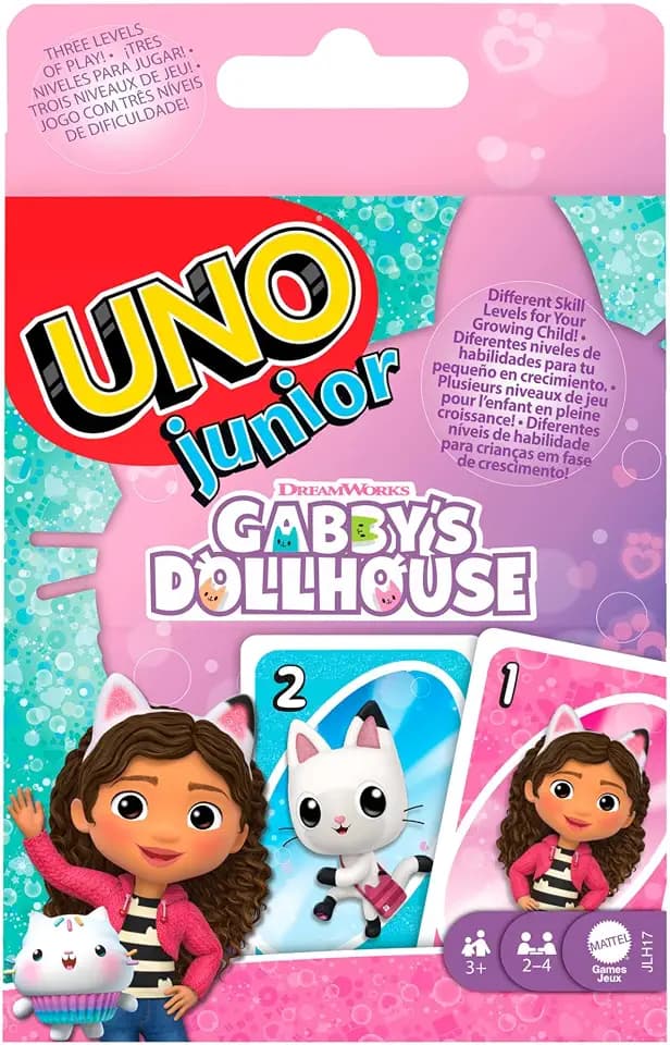 Mattel Games UNO junior Gabby's Dollhouse Kartenspiel ab 3 Jahren | Lernspiel für Vorschulkinder, 2–4 Spieler, 3 Schwierigkeitsstufen, Familien- & Kindergeburtstage, JLH17
