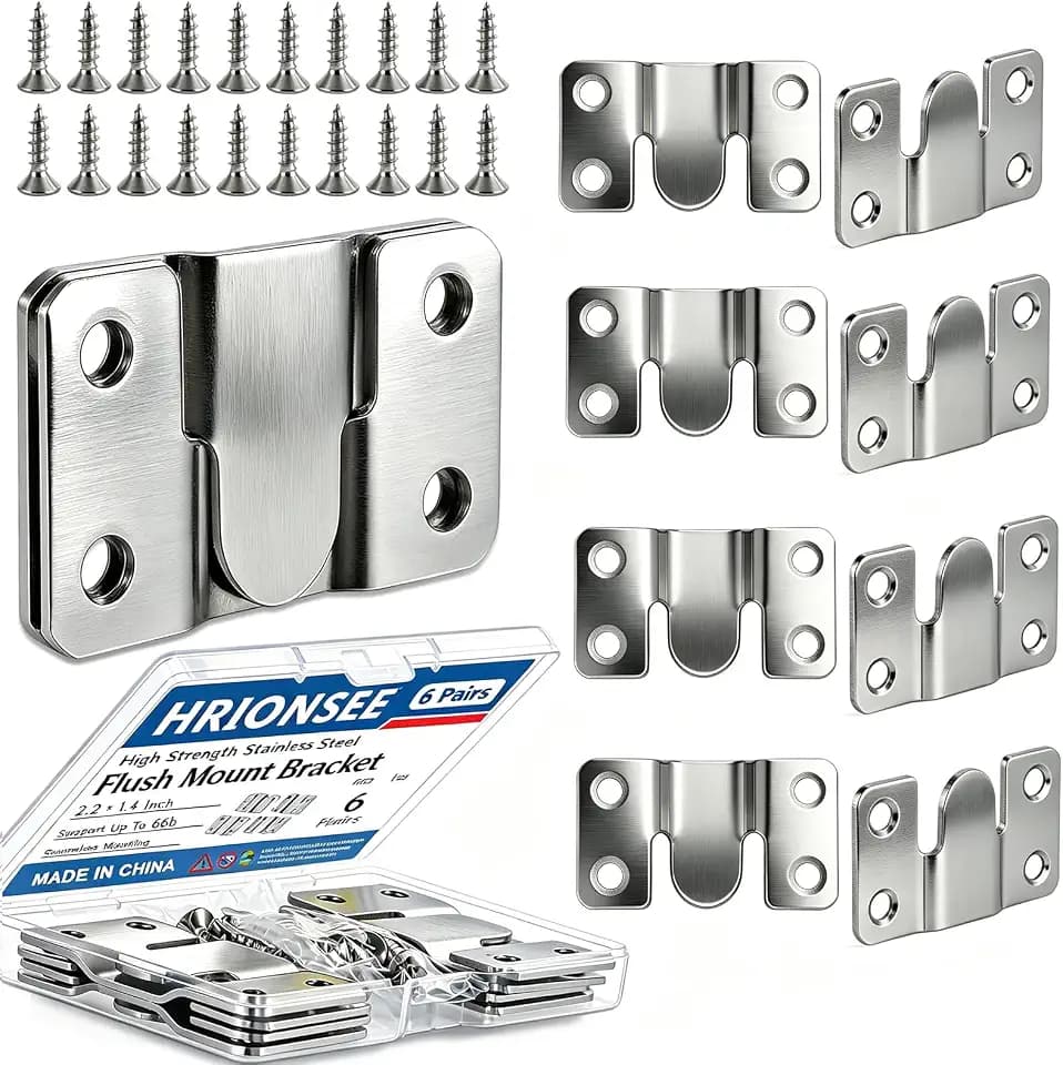 Flush Mount Brackets 6 Pairs Heavy Duty with Screws- 66lb Interlocking Hangers for Picture Frames, Headboard & Furniture, Stainless Steel Seamless Wall Mount Hardware (56x30mm) (Silver)