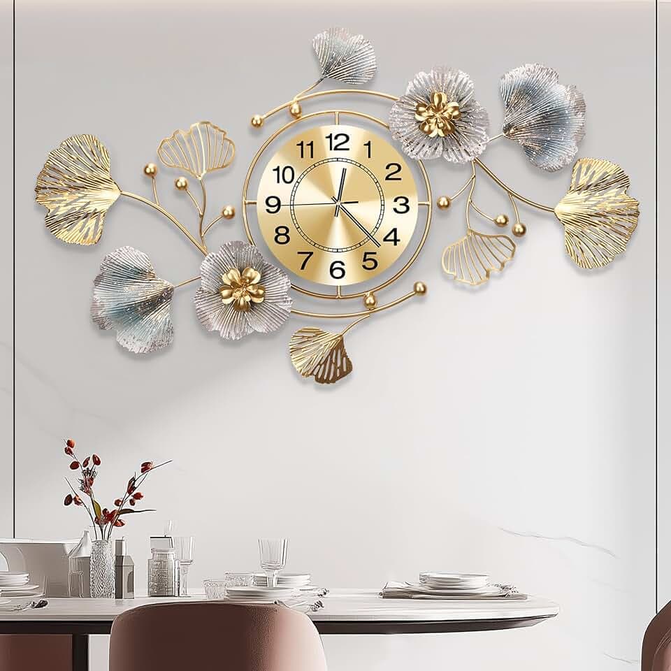 36" Modern Farmhouse Large Decorative Wall Clock, Ginkgo Metal Art