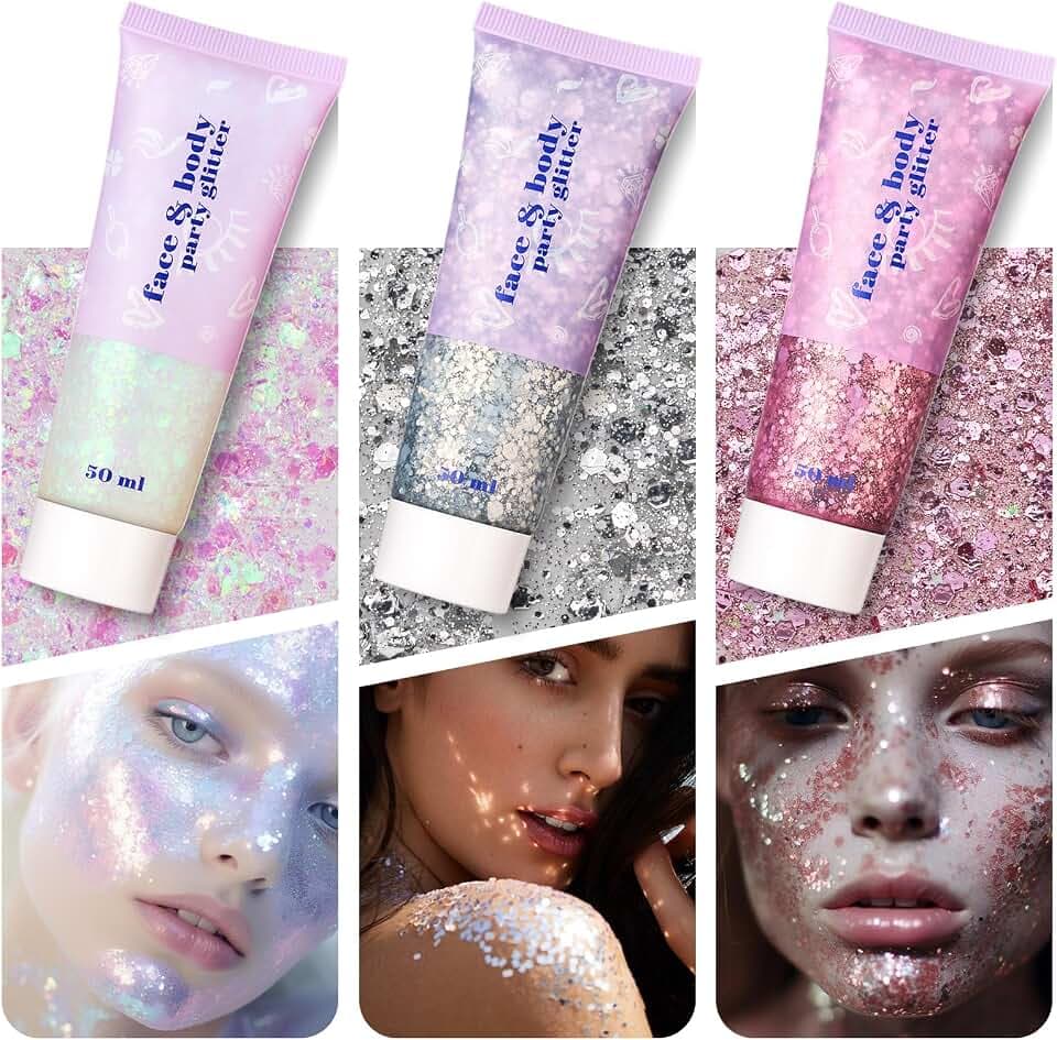 3 Stück Body Glitter Gel, Glitzer Gesicht Festival Glitzer Gesicht, Glitzer Schminke Glitzer Make Up Für Gesicht, Body Glitzer Gel Gesicht,Glitzergel, Gesichtsglitzer(Weiß+Silber+pink+5 Pinsel)