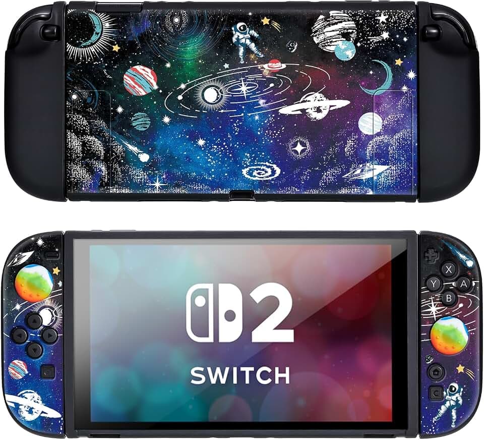 DLseego Protective Soft Case for Nintendo Switch 2 (2025), Soft Grip Cover for Handle, Detachable Joy-C Controller Shockproof & Scratch-Resistant Console Shell,2 Thumb Grips, Astronauts - Colourful 1