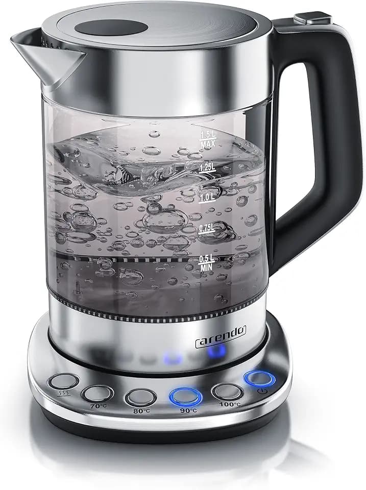 Arendo - Rauchglas Glas Wasserkocher mit Temperatureinstellung - Edelstahl - Warmhaltefunktion 30min - 1,5 Liter Füllmenge - Borosilikatglas - Basisstation aus Edelstahl - Modernes Design