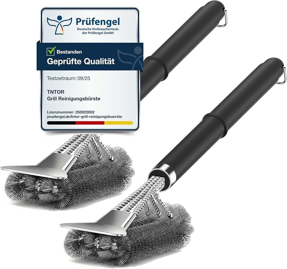 [2 pack]Grillbürste, TNTOR Grill Reinigungsbürste mit Extra Langer Edelstahl Borsten, Edelstahl Spatel und PP Wärmedämmung Griff, für Gasgrill, Holzkohlegrill, Kugelgrill, Elektrogrill und Grillrost.