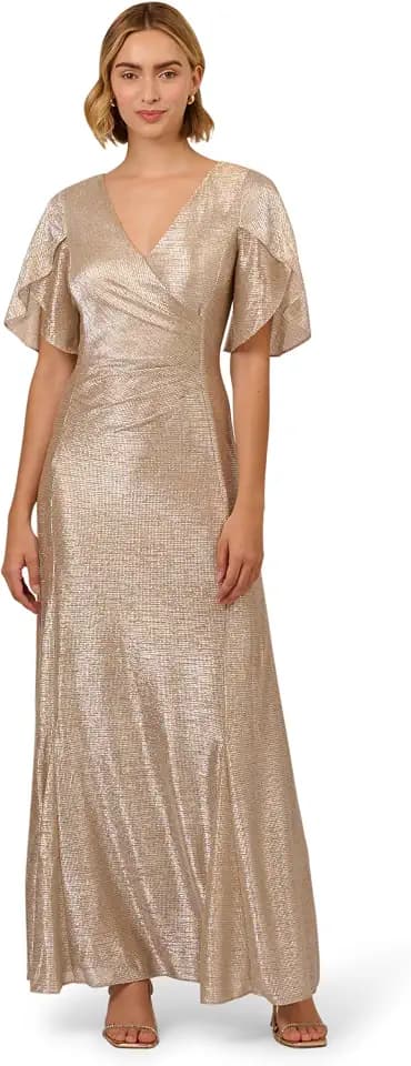 Adrianna Papell Women's Metallic Flutter Knit Gown